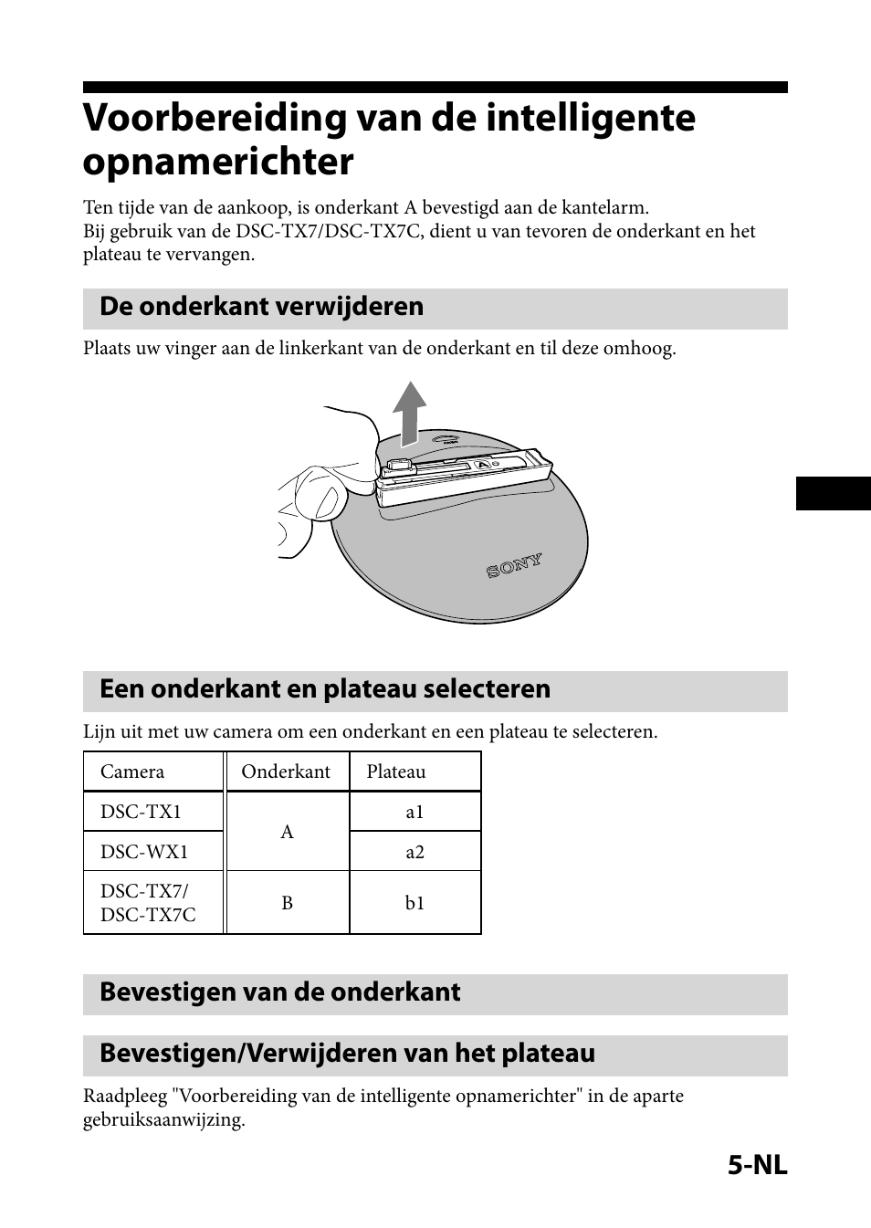 Voorbereiding van de intelligenteopnamerichter, De onderkant verwijderen, Een onderkant en plateau selecteren | Bevestigen van de onderkant, Bevestigen/verwijderen van het plateau, Voorbereiding van de intelligente opnamerichter | Sony IPT-DS1 User Manual | Page 30 / 73