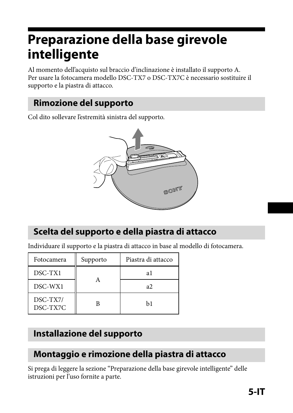 Preparazione della base girevoleintelligente, Rimozione del supporto, Scelta del supporto e della piastra di attacco | Installazione del supporto, Montaggio e rimozione della piastra di attacco, Preparazione della base girevole intelligente | Sony IPT-DS1 User Manual | Page 40 / 73