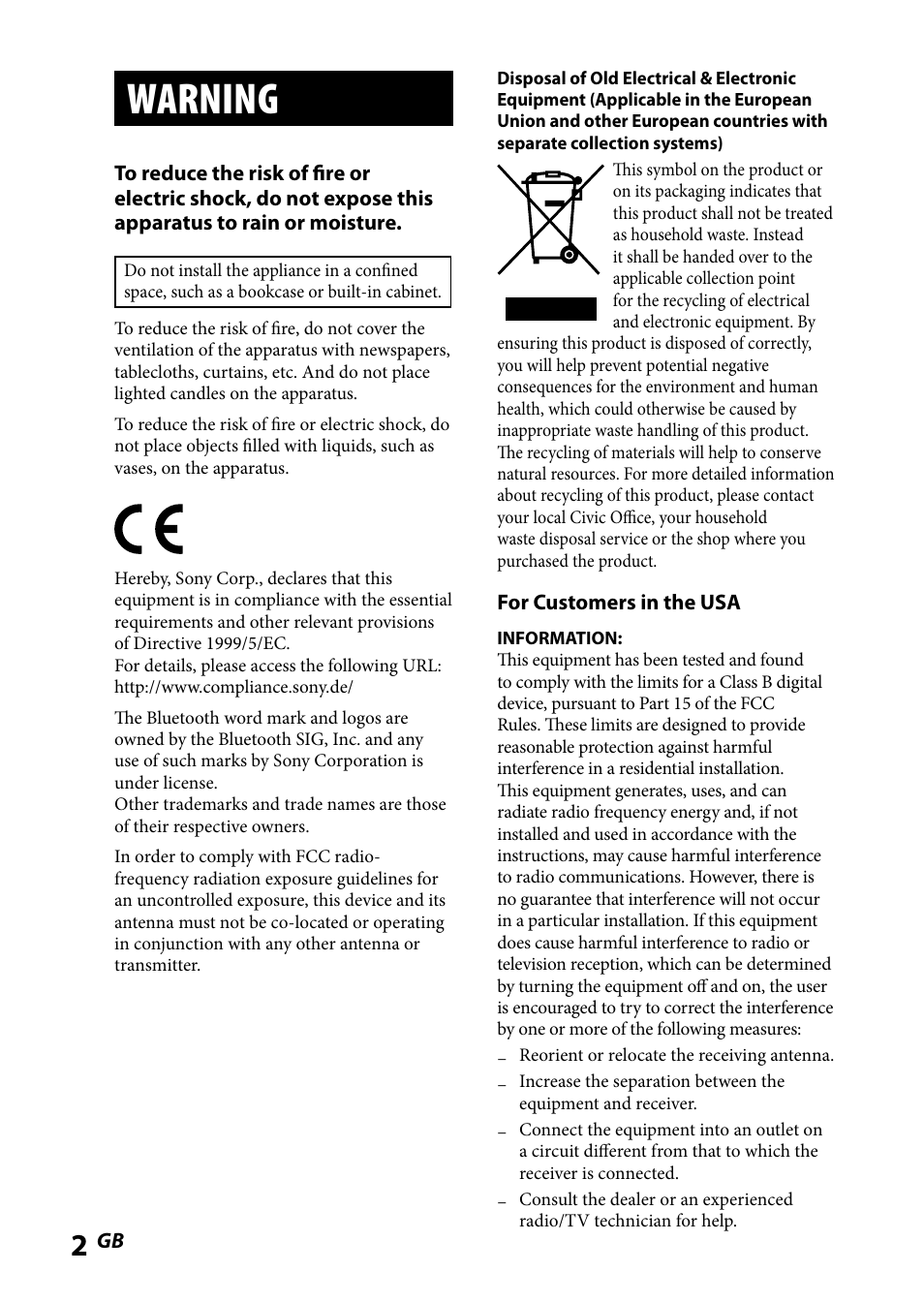 Warning | Sony WLA-NWB1 User Manual | Page 2 / 91