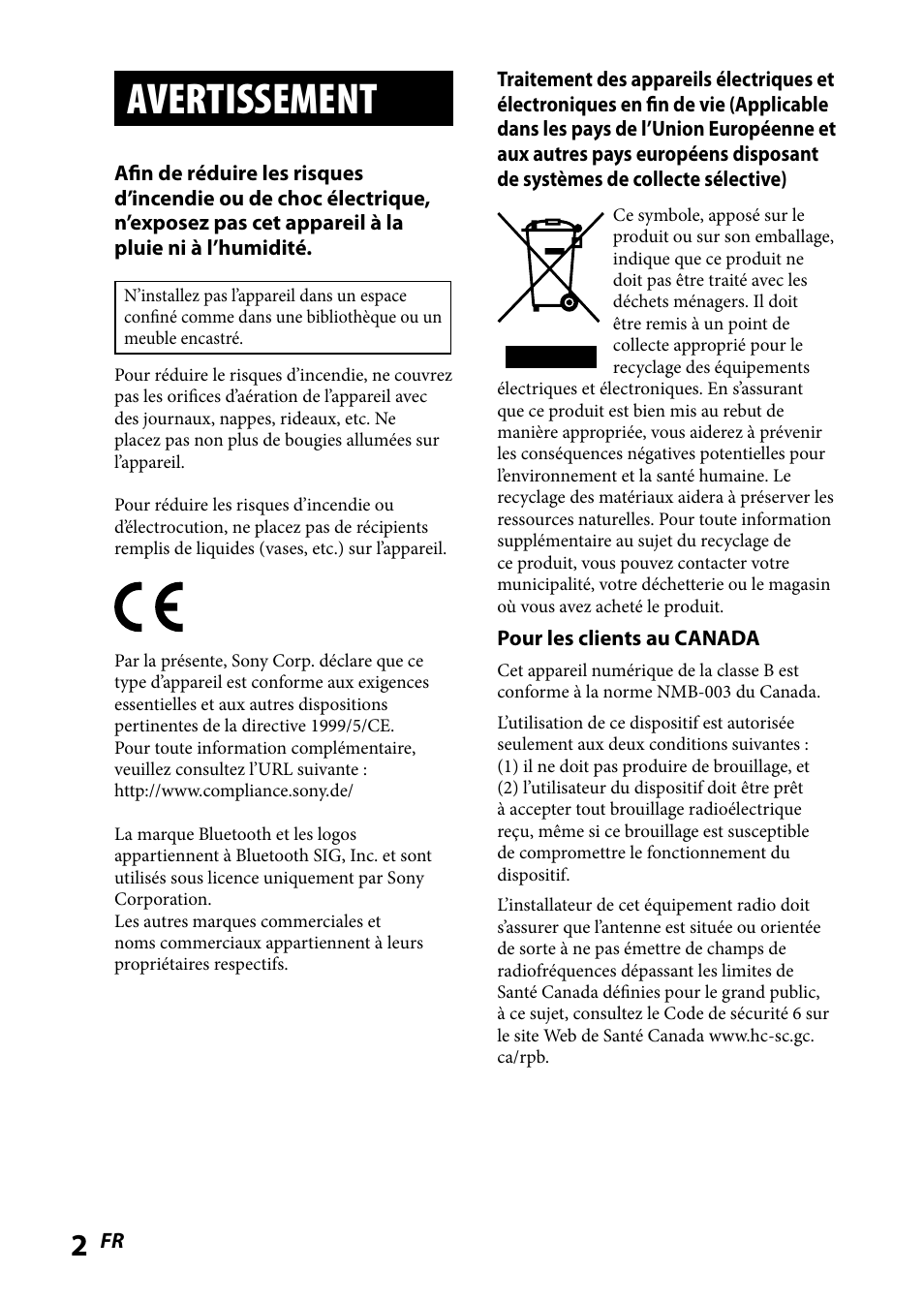 Avertissement | Sony WLA-NWB1 User Manual | Page 20 / 91