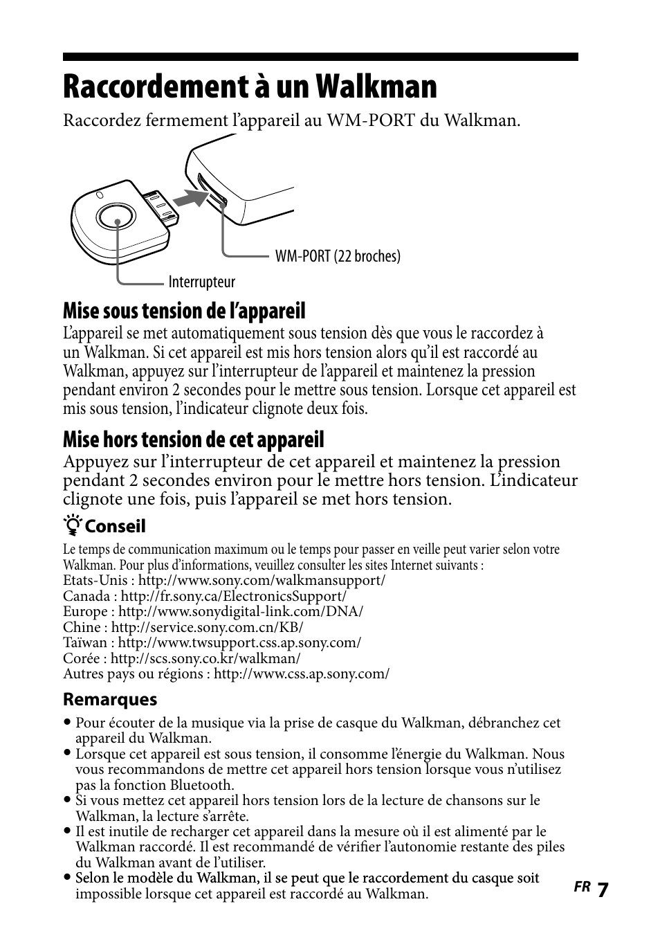 Raccordement à un walkman, Mise sous tension de l’appareil, Mise hors tension de cet appareil | Sony WLA-NWB1 User Manual | Page 25 / 91