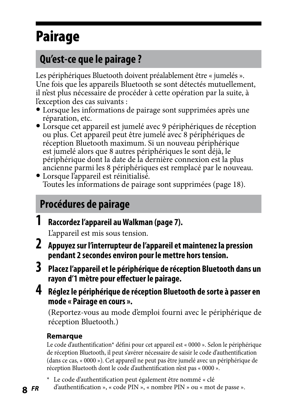 Pairage, Qu’est-ce que le pairage, Procédures de pairage | Sony WLA-NWB1 User Manual | Page 26 / 91