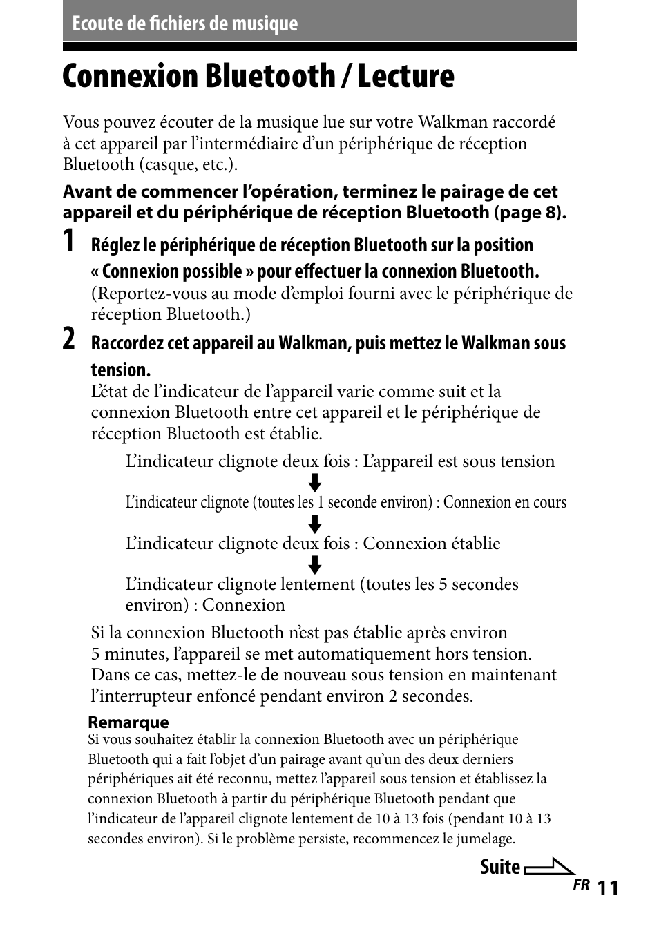 Ecoute de fichiers de musique, Connexion bluetooth / lecture | Sony WLA-NWB1 User Manual | Page 29 / 91