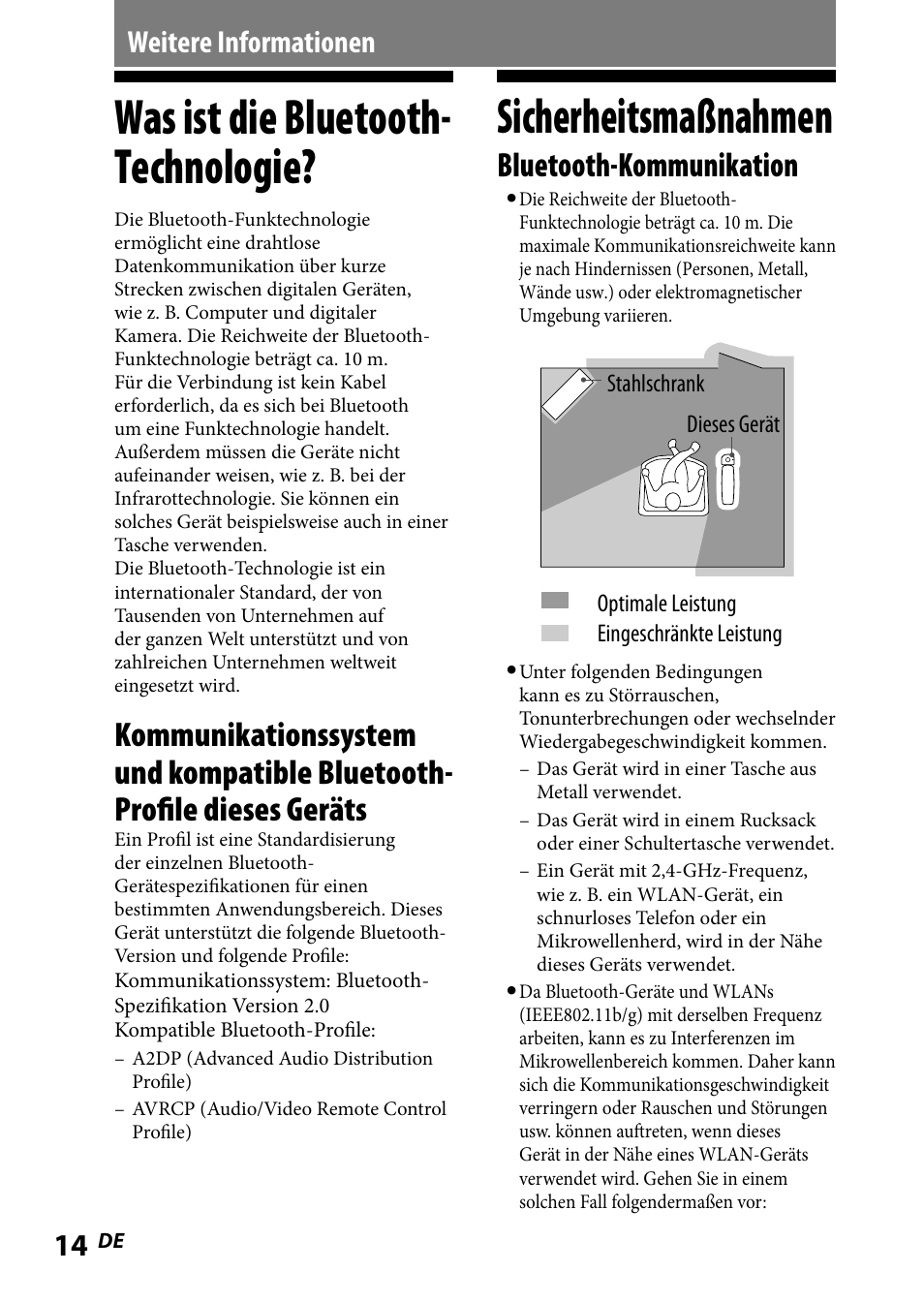 Weitere informationen, Was ist die bluetooth-technologie, Sicherheitsmaßnahmen | Was ist die bluetooth- technologie, Bluetooth-kommunikation | Sony WLA-NWB1 User Manual | Page 50 / 91