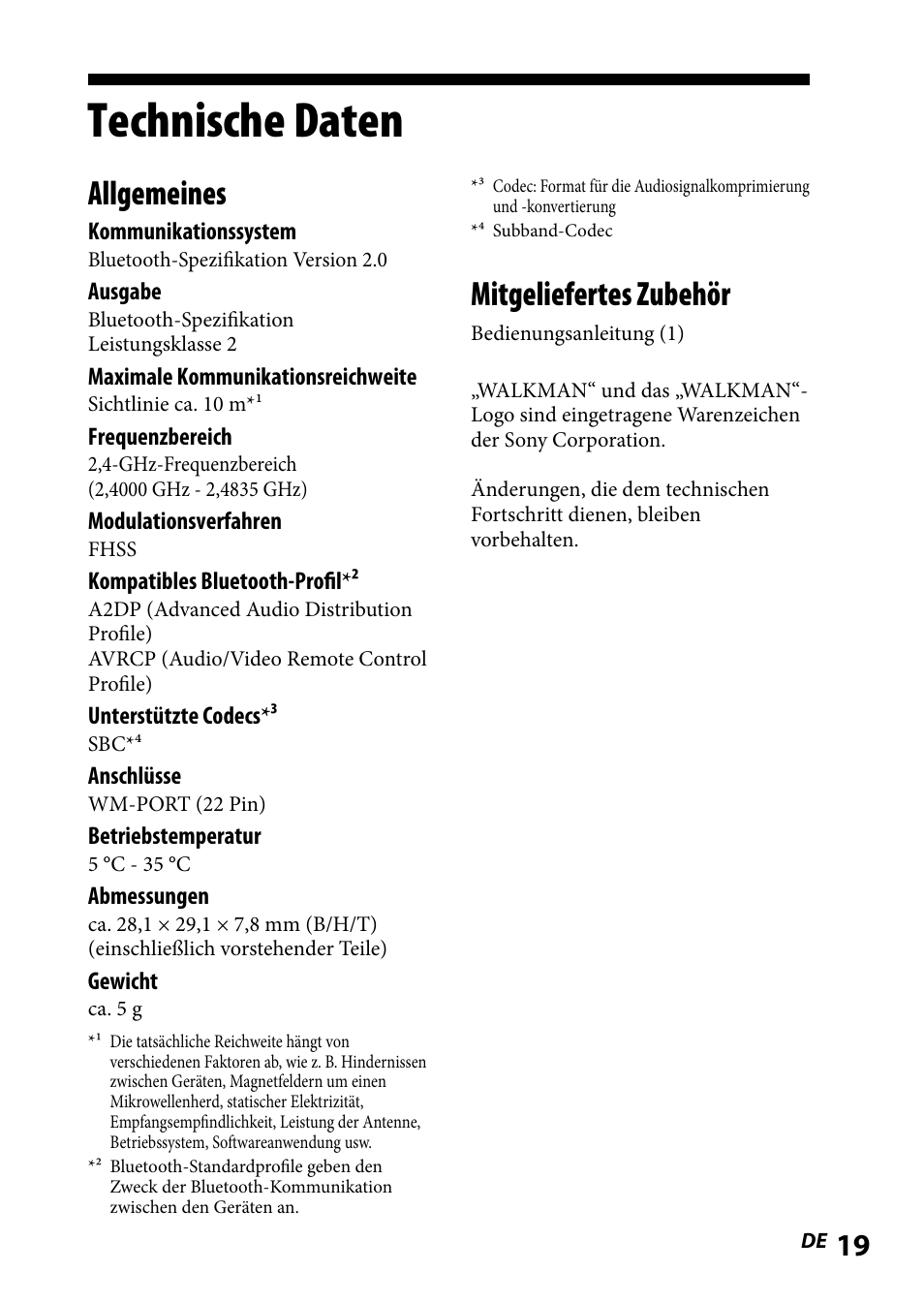 Technische daten, Mitgeliefertes zubehör, Allgemeines | Sony WLA-NWB1 User Manual | Page 55 / 91