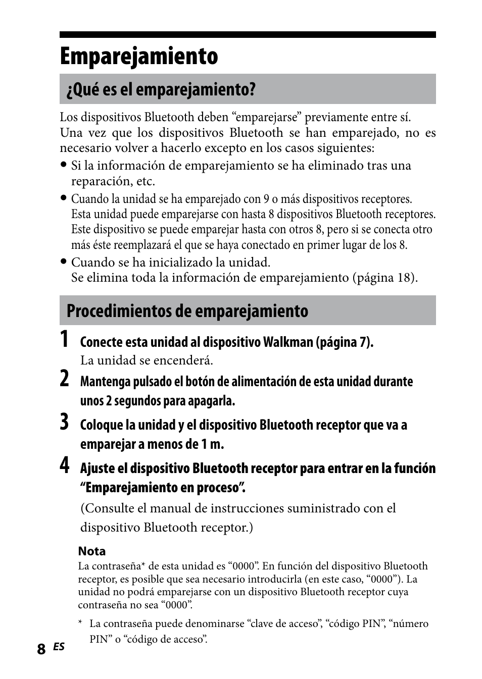 Emparejamiento, Qué es el emparejamiento, Procedimientos de emparejamiento | Sony WLA-NWB1 User Manual | Page 62 / 91