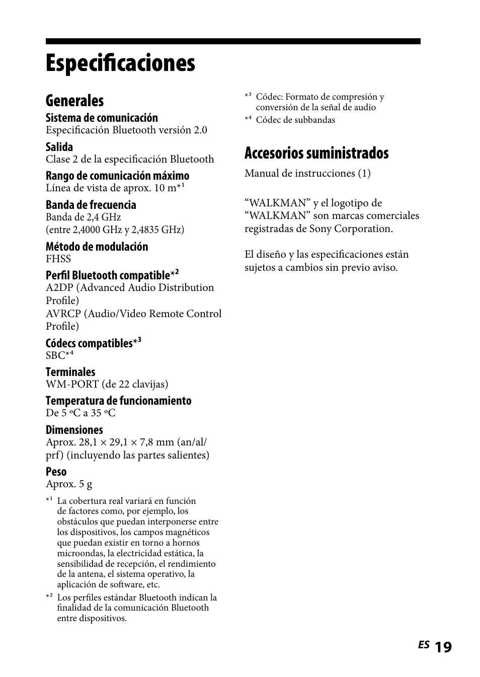 Especificaciones, Accesorios suministrados, Generales | Sony WLA-NWB1 User Manual | Page 73 / 91