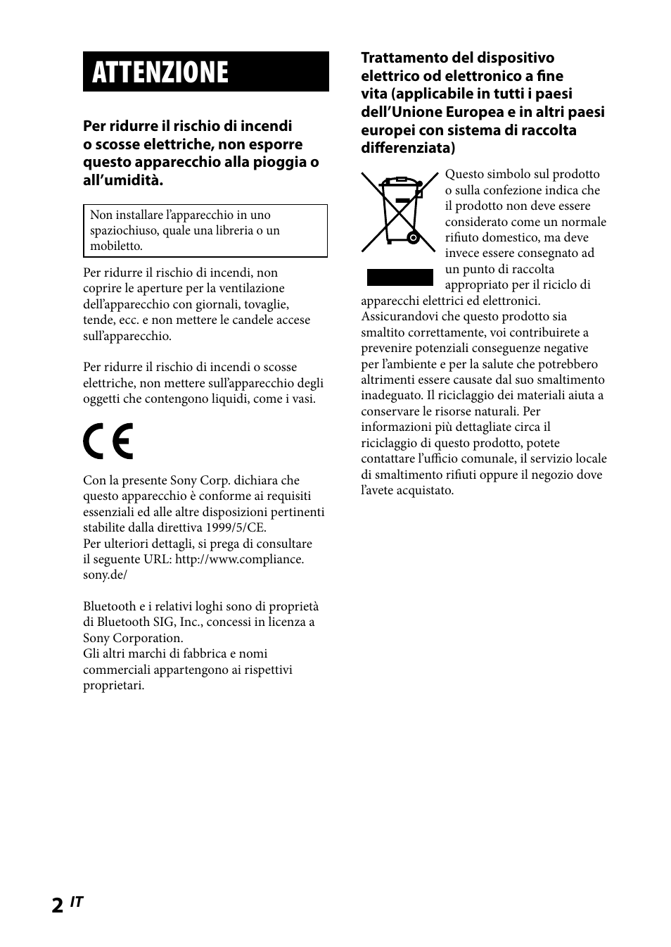 Attenzione | Sony WLA-NWB1 User Manual | Page 74 / 91