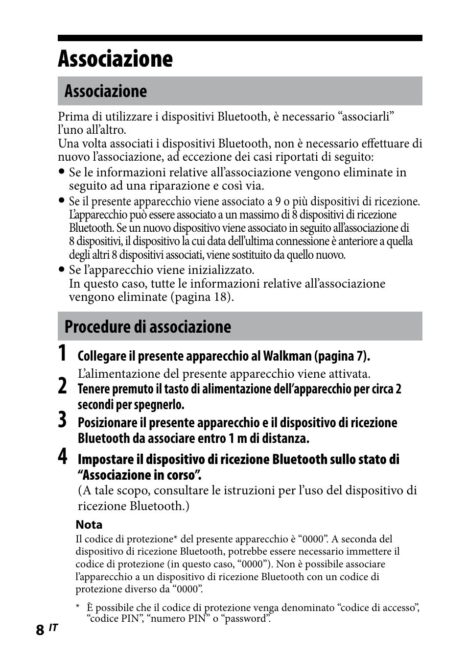 Associazione in corso, Associazione, Procedure di associazione | Sony WLA-NWB1 User Manual | Page 80 / 91