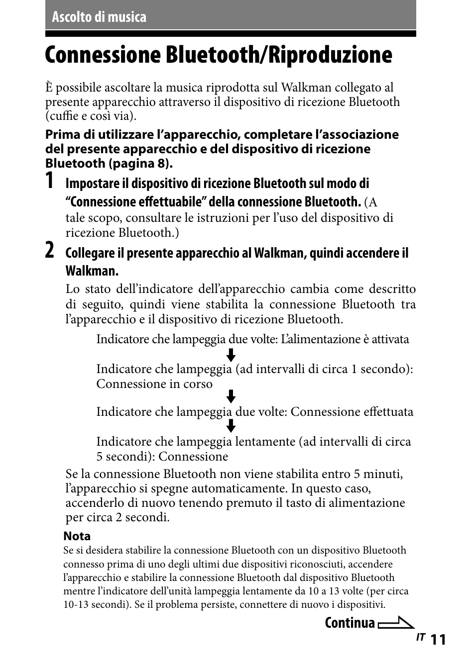 Ascolto di musica, Connessione bluetooth/riproduzione | Sony WLA-NWB1 User Manual | Page 83 / 91