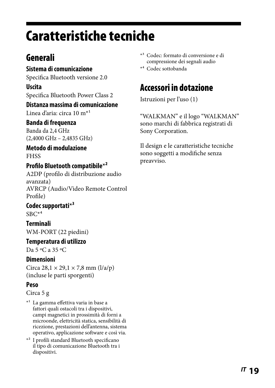 Caratteristiche tecniche, Accessori in dotazione, Generali | Sony WLA-NWB1 User Manual | Page 91 / 91