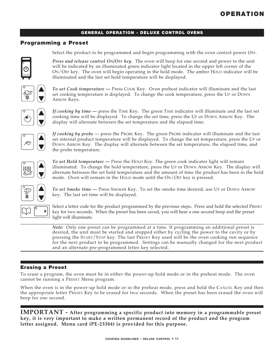 Operation, Important, Programming a preset | Erasing a preset | Alto-Shaam MN-29492 User Manual | Page 13 / 53