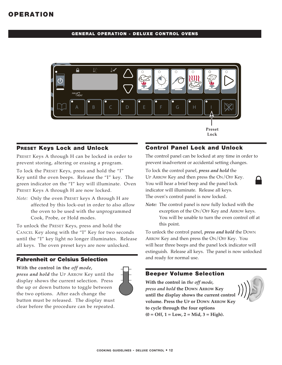 Operation, Keys lock and unlock, Fahrenheit or celsius selection | Control panel lock and unlock, Beeper volume selection | Alto-Shaam MN-29492 User Manual | Page 14 / 53