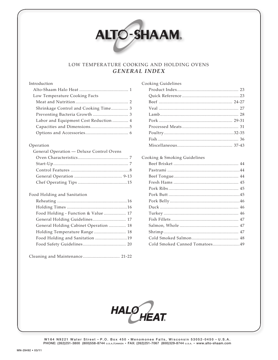 General index, Low temperature cooking and holding ovens | Alto-Shaam MN-29492 User Manual | Page 2 / 53