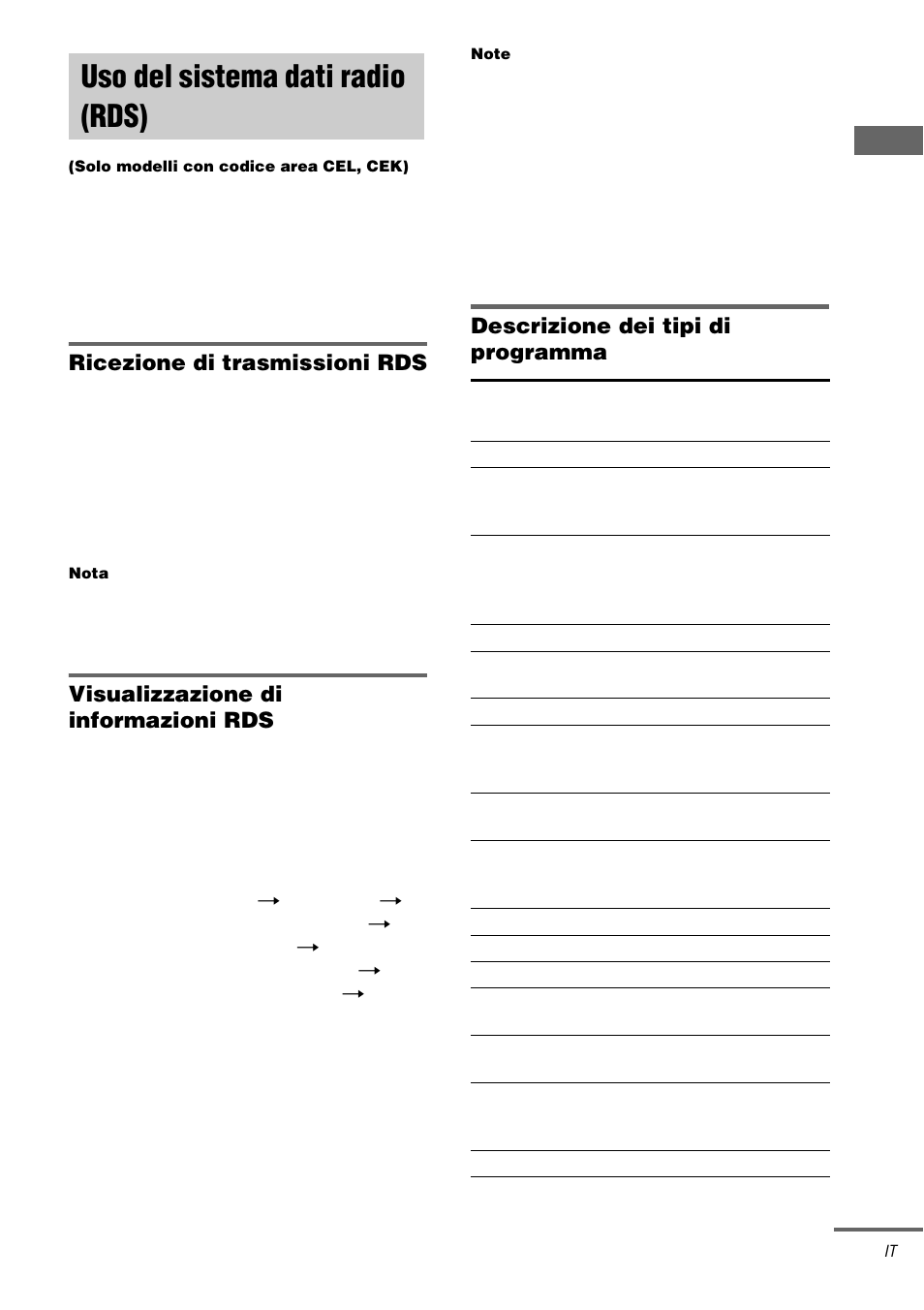 Uso del sistema dati radio (rds), Solo modelli con codice area cel, cek), Ricezione di trasmissioni rds | Visualizzazione di informazioni rds, Descrizione dei tipi di programma | Sony STR-DA1000ES User Manual | Page 149 / 180