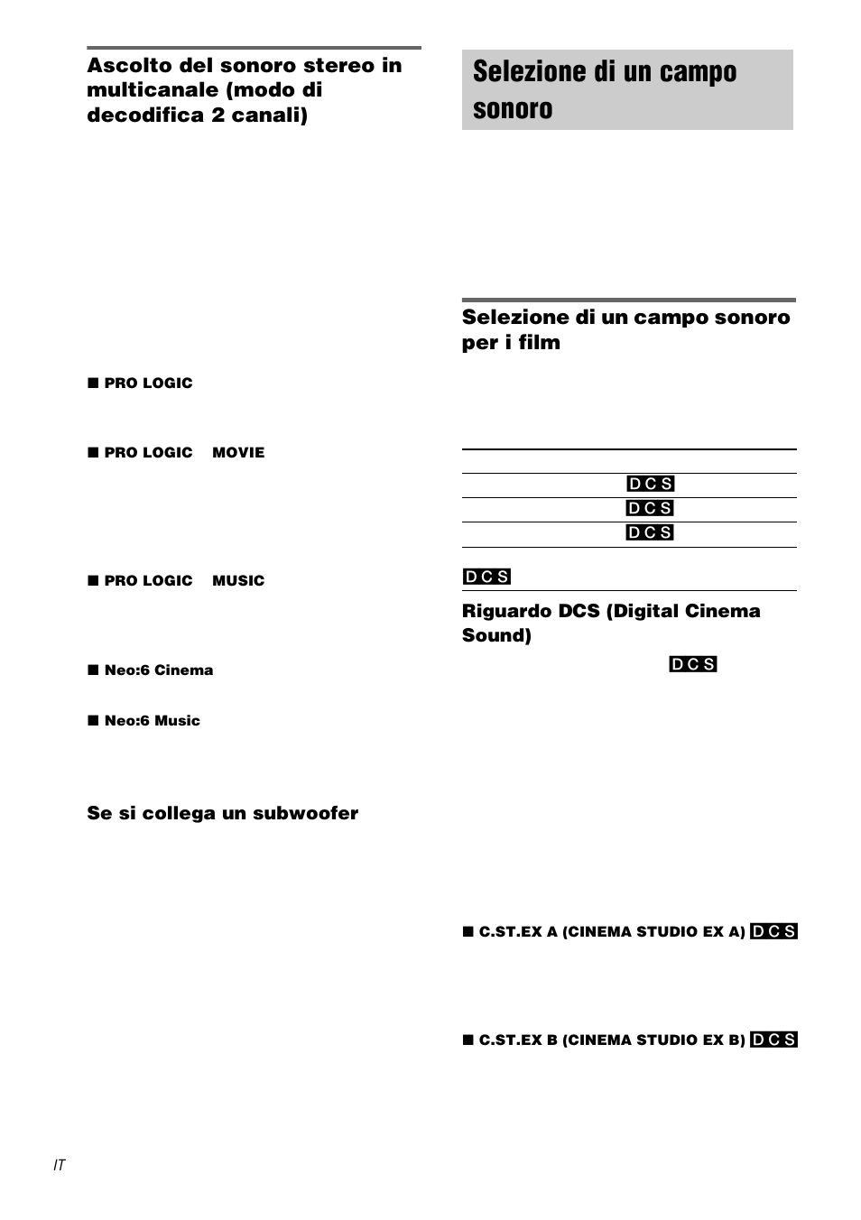 Selezione di un campo sonoro, Selezione di un campo sonoro per i film | Sony STR-DA1000ES User Manual | Page 154 / 180