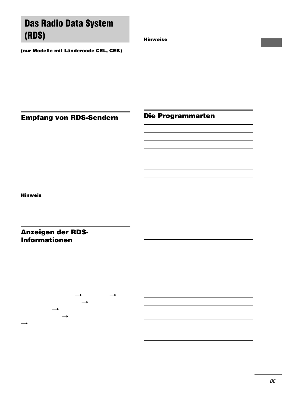 Das radio data system (rds), Nur modelle mit ländercode cel, cek), E auf siehe seite 29 | Empfang von rds-sendern, Anzeigen der rds- informationen, Die programmarten | Sony STR-DA1000ES User Manual | Page 29 / 180