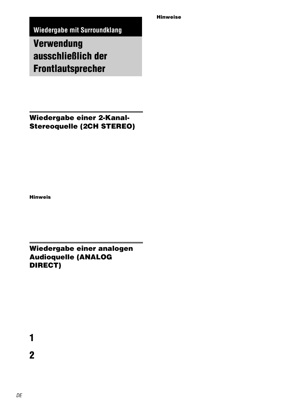 Wiedergabe mit surroundklang, Verwendung ausschließlich der frontlautsprecher, Verwendung ausschließlich der | Frontlautsprecher | Sony STR-DA1000ES User Manual | Page 32 / 180