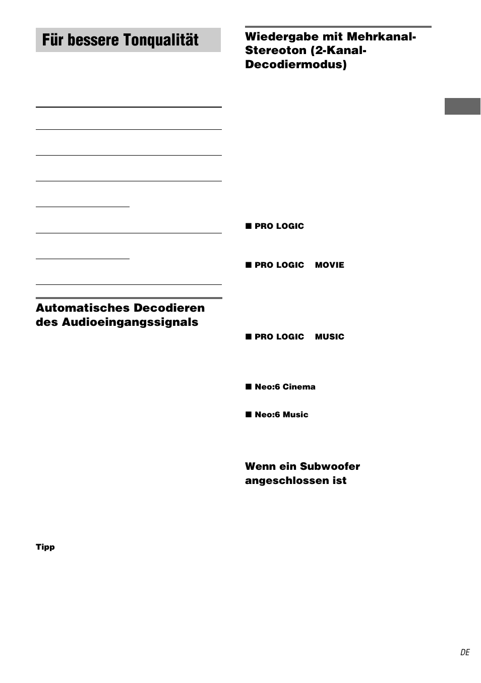 Für bessere tonqualität, Auto format direct, Automatisches decodieren des audioeingangssignals | Sony STR-DA1000ES User Manual | Page 33 / 180