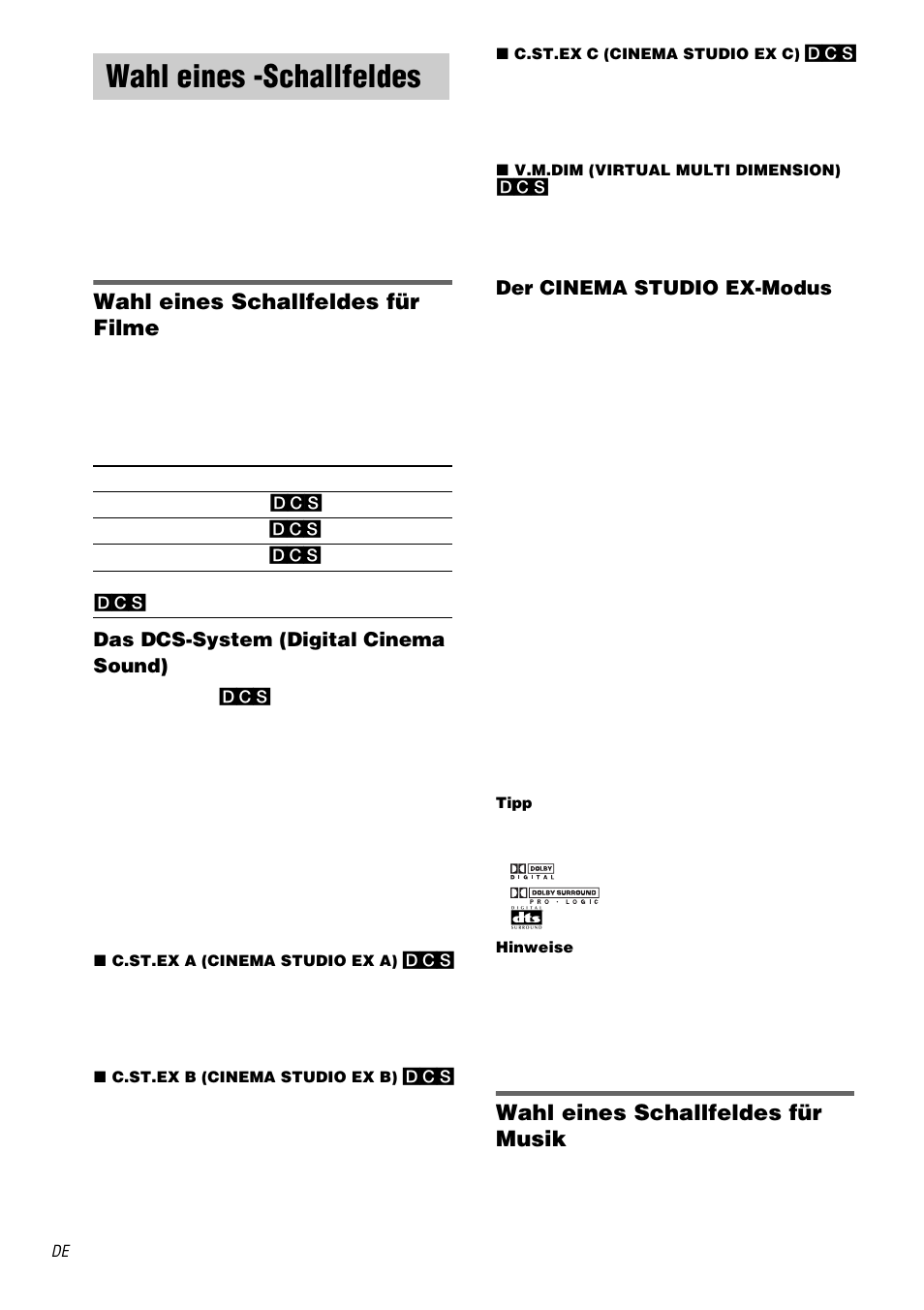 Wahl eines -schallfeldes, Wahl eines schallfeldes für filme, Wahl eines schallfeldes für musik | Sony STR-DA1000ES User Manual | Page 34 / 180