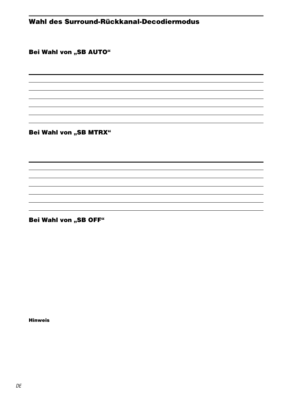 Wahl des surround-rückkanal-decodiermodus, Bei wahl von „sb auto, Bei wahl von „sb mtrx | Bei wahl von „sb off | Sony STR-DA1000ES User Manual | Page 36 / 180