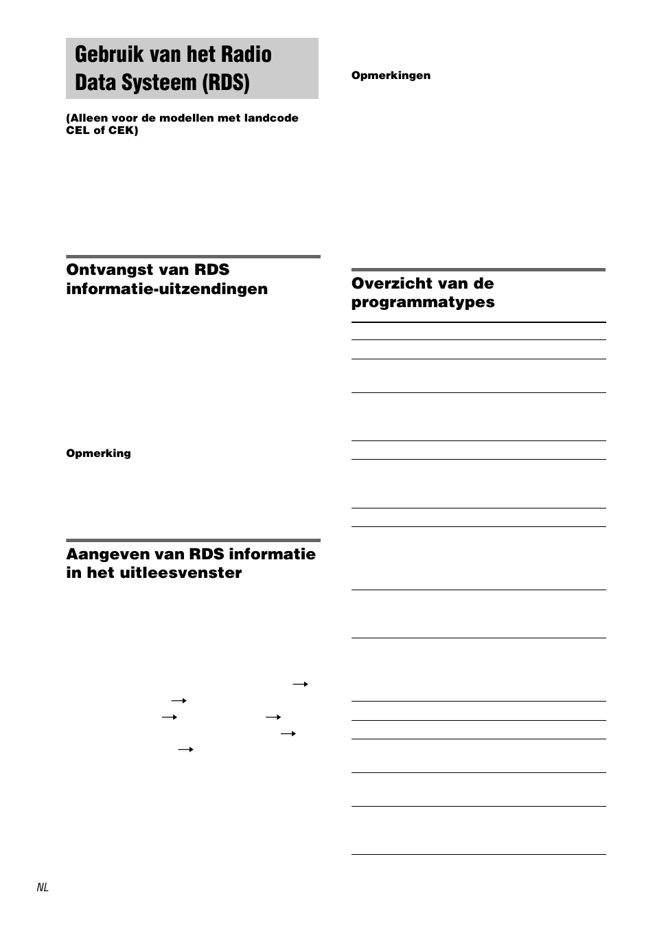 Gebruik van het radio data systeem (rds), Alleen voor de modellen met landcode cel of cek), Gebruik van het radio data systeem | Ontvangst van rds informatie-uitzendingen, Aangeven van rds informatie in het uitleesvenster, Overzicht van de programmatypes | Sony STR-DA1000ES User Manual | Page 88 / 180
