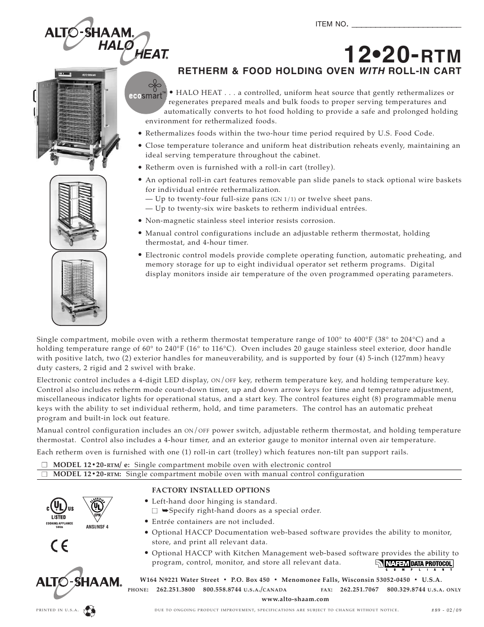 Alto-Shaam 12-20 RTM User Manual | 2 pages