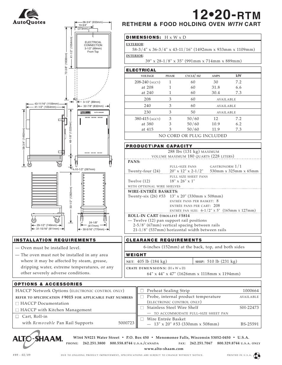 Retherm & food holding oven with cart | Alto-Shaam 12-20 RTM User Manual | Page 2 / 2