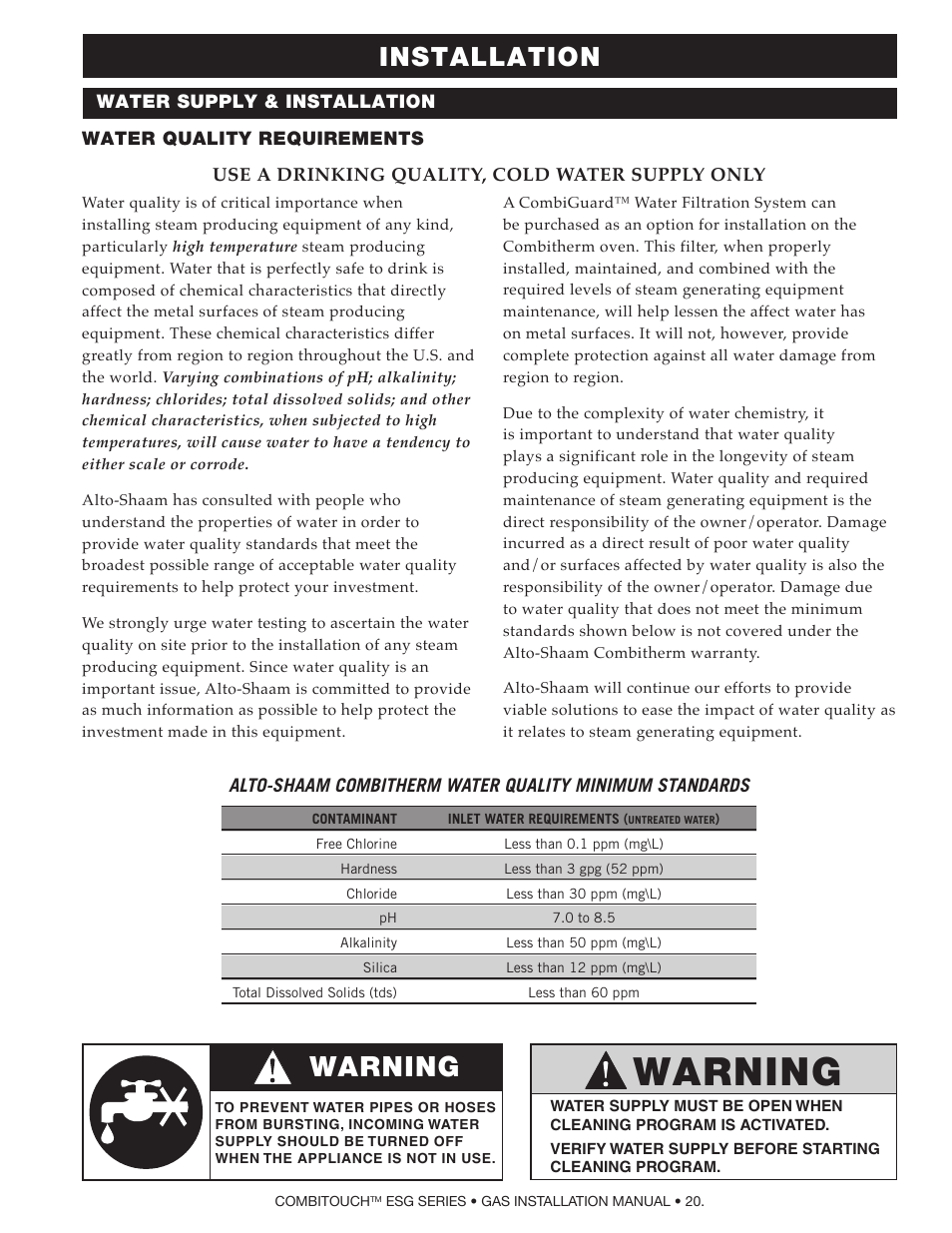 Warning, Installation | Alto-Shaam COMPITHERM 2020ESG User Manual | Page 22 / 33