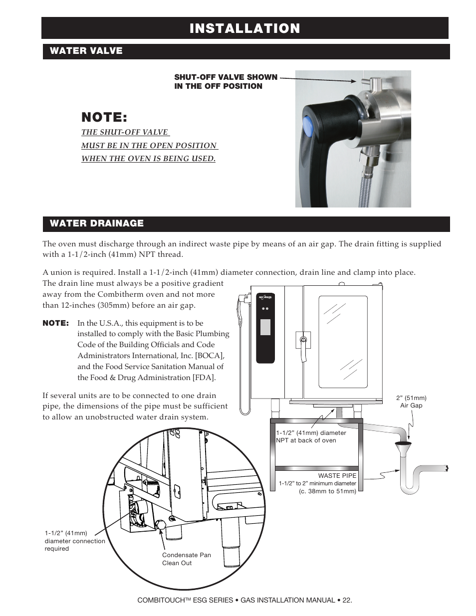 Installation, Water valve water drainage | Alto-Shaam COMPITHERM 2020ESG User Manual | Page 24 / 33