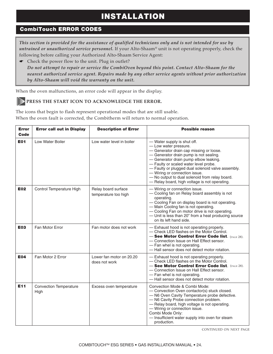 Installation, Combitouch error codes | Alto-Shaam COMPITHERM 2020ESG User Manual | Page 26 / 33