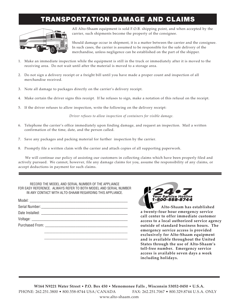 Transportation damage and claims | Alto-Shaam COMPITHERM 2020ESG User Manual | Page 33 / 33