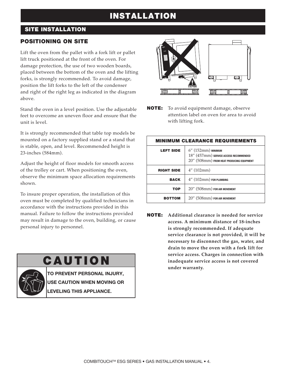 Installation, Site installation positioning on site | Alto-Shaam COMPITHERM 2020ESG User Manual | Page 6 / 33