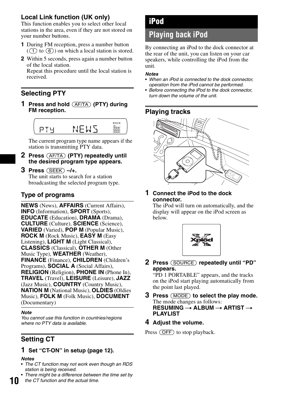 Selecting pty, Setting ct, Ipod | Playing back ipod, Playing tracks, Selecting pty setting ct, Ipod playing back ipod | Sony CDX-GT44IP User Manual | Page 10 / 100