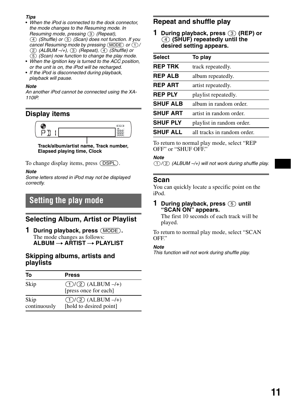 Display items, Setting the play mode, Selecting album, artist or playlist | Repeat and shuffle play, Scan | Sony CDX-GT44IP User Manual | Page 11 / 100