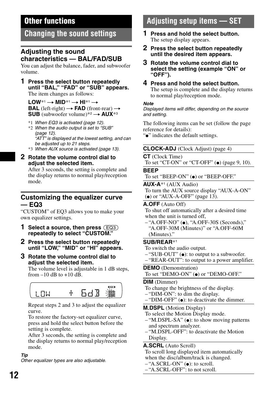 Other functions, Changing the sound settings, Adjusting the sound characteristics - bal/fad/sub | Customizing the equalizer curve - eq3, Adjusting setup items - set, Adjusting the sound characteristics, Bal/fad/sub customizing the equalizer curve, Adjusting setup items — set, Other functions changing the sound settings, Adjusting the sound characteristics — bal/fad/sub | Sony CDX-GT44IP User Manual | Page 12 / 100