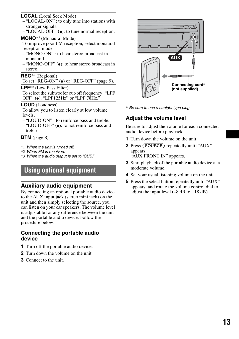 Using optional equipment, Auxiliary audio equipment | Sony CDX-GT44IP User Manual | Page 13 / 100