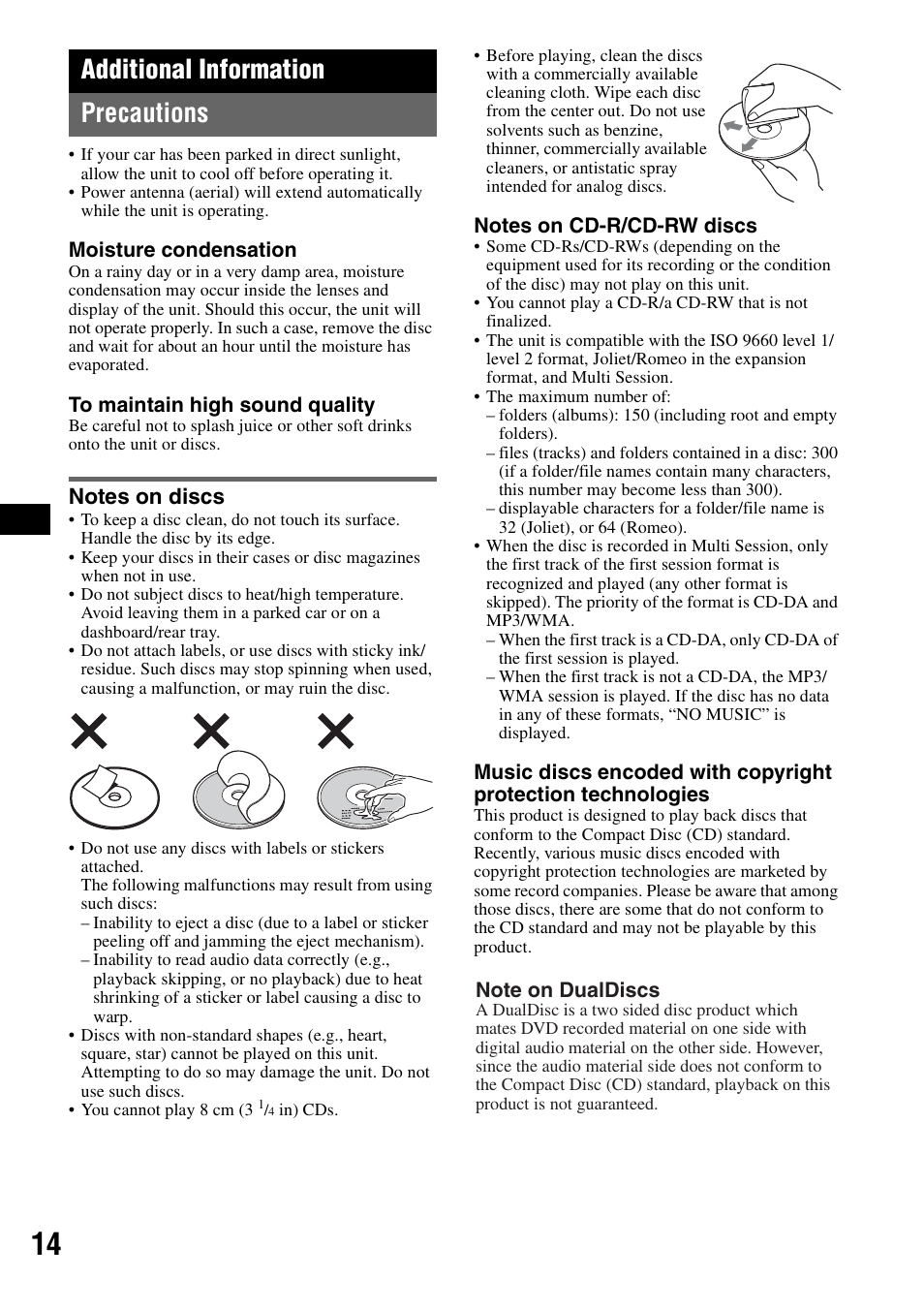 Additional information, Precautions, Notes on discs | Additional information precautions | Sony CDX-GT44IP User Manual | Page 14 / 100