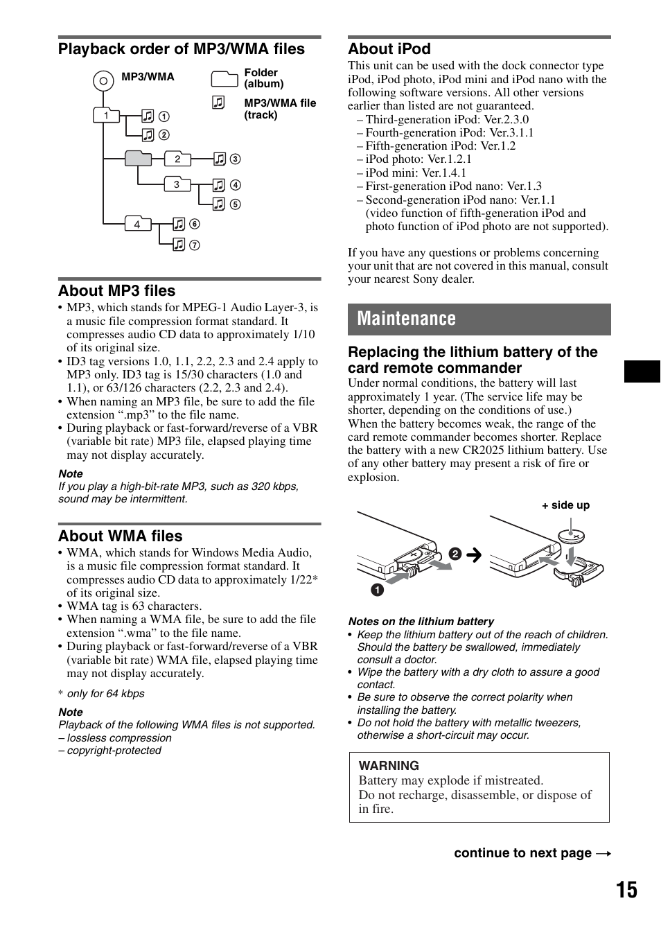 Playback order of mp3/wma files, About mp3 files, About wma files | About ipod, Maintenance, Playback order of mp3/wma files about mp3 files | Sony CDX-GT44IP User Manual | Page 15 / 100