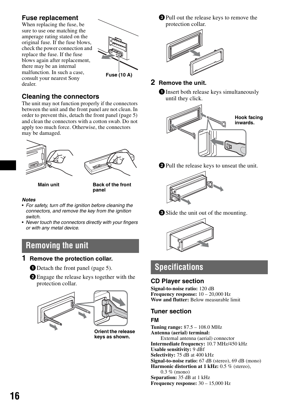 Removing the unit, Specifications, Removing the unit specifications | Sony CDX-GT44IP User Manual | Page 16 / 100