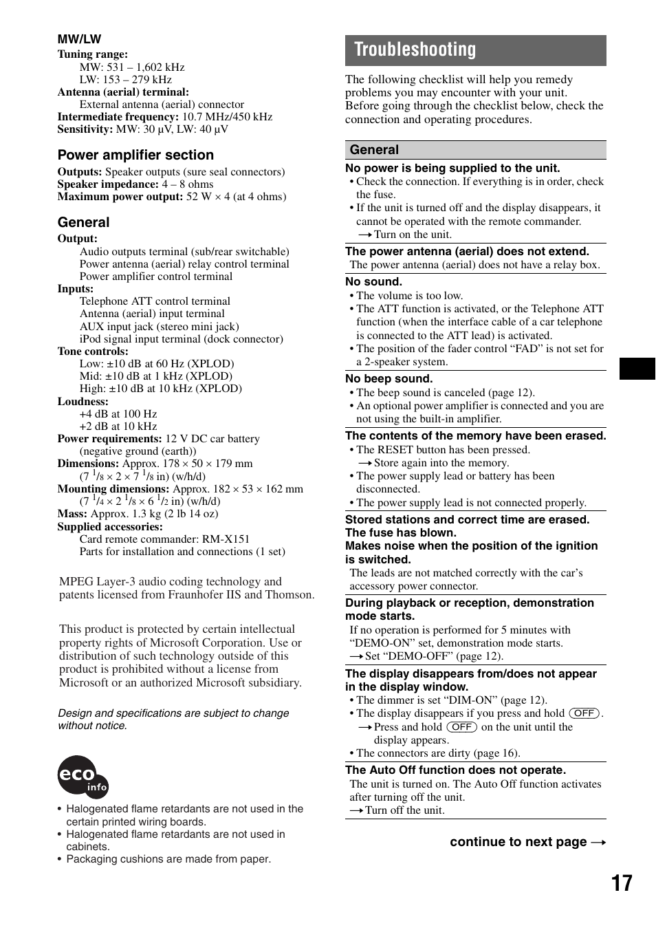 Troubleshooting, General | Sony CDX-GT44IP User Manual | Page 17 / 100