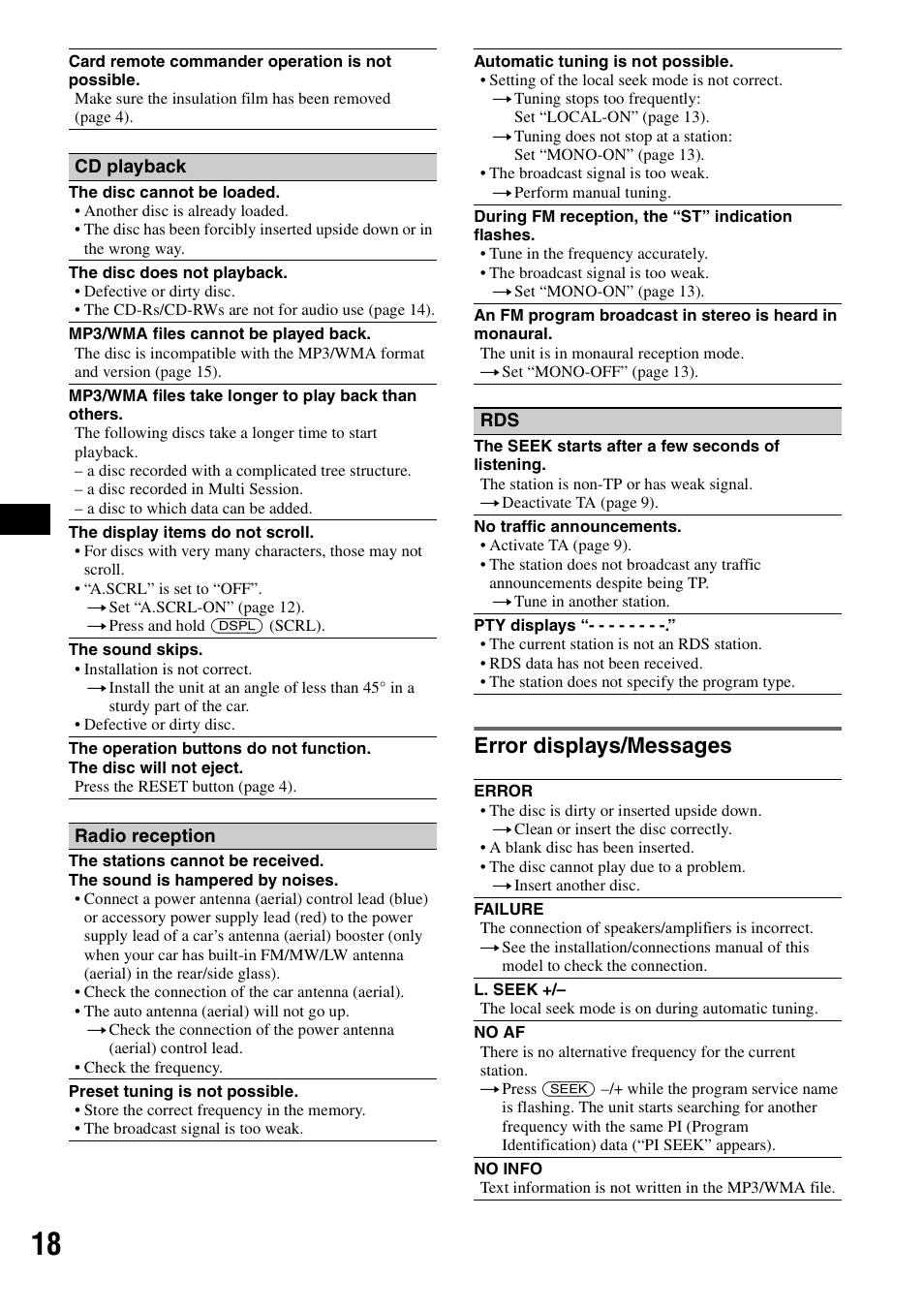 Error displays/messages | Sony CDX-GT44IP User Manual | Page 18 / 100