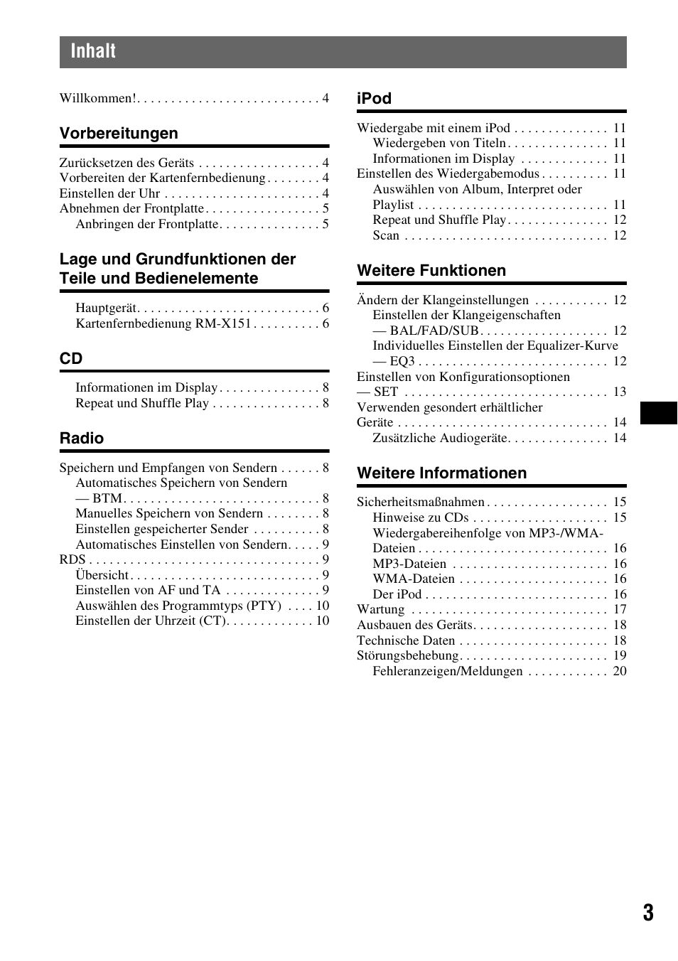 Inhalt | Sony CDX-GT44IP User Manual | Page 21 / 100