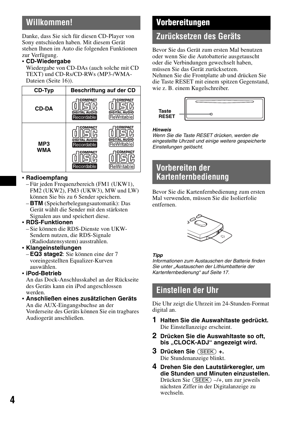 Willkommen, Vorbereitungen, Zurücksetzen des geräts | Vorbereiten der kartenfernbedienung, Einstellen der uhr, Vorbereitungen zurücksetzen des geräts | Sony CDX-GT44IP User Manual | Page 22 / 100