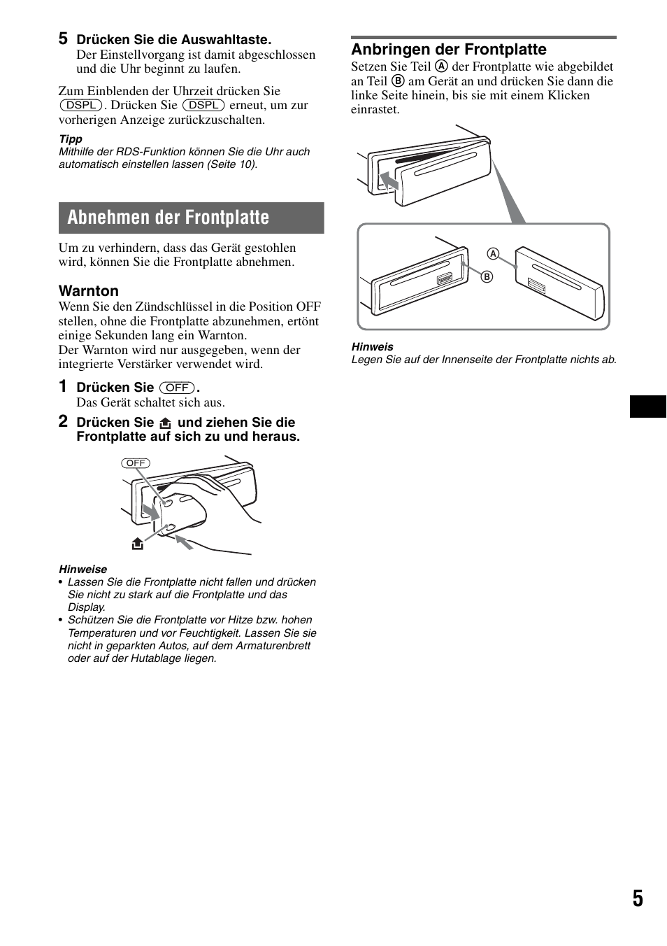 Abnehmen der frontplatte, Anbringen der frontplatte | Sony CDX-GT44IP User Manual | Page 23 / 100