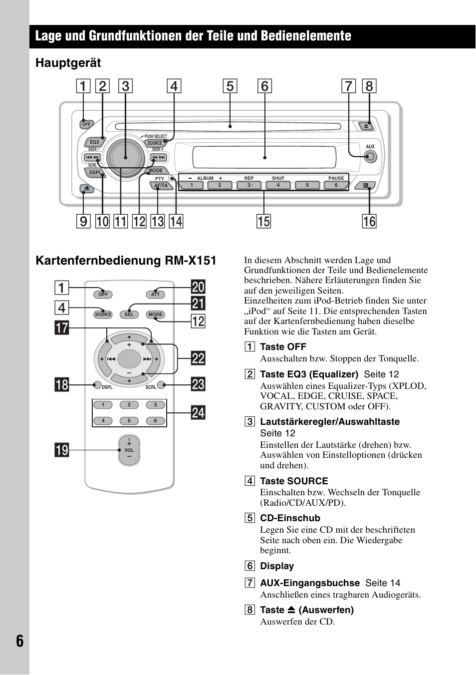 Hauptgerät, Kartenfernbedienung rm-x151, Hauptgerät kartenfernbedienung rm-x151 | 4wa qs 1 wd qj qk w; ql wf ws | Sony CDX-GT44IP User Manual | Page 24 / 100