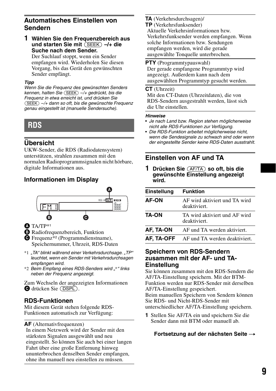 Automatisches einstellen von sendern, Übersicht, Einstellen von af und ta | Übersicht einstellen von af und ta, Seite 9 | Sony CDX-GT44IP User Manual | Page 27 / 100