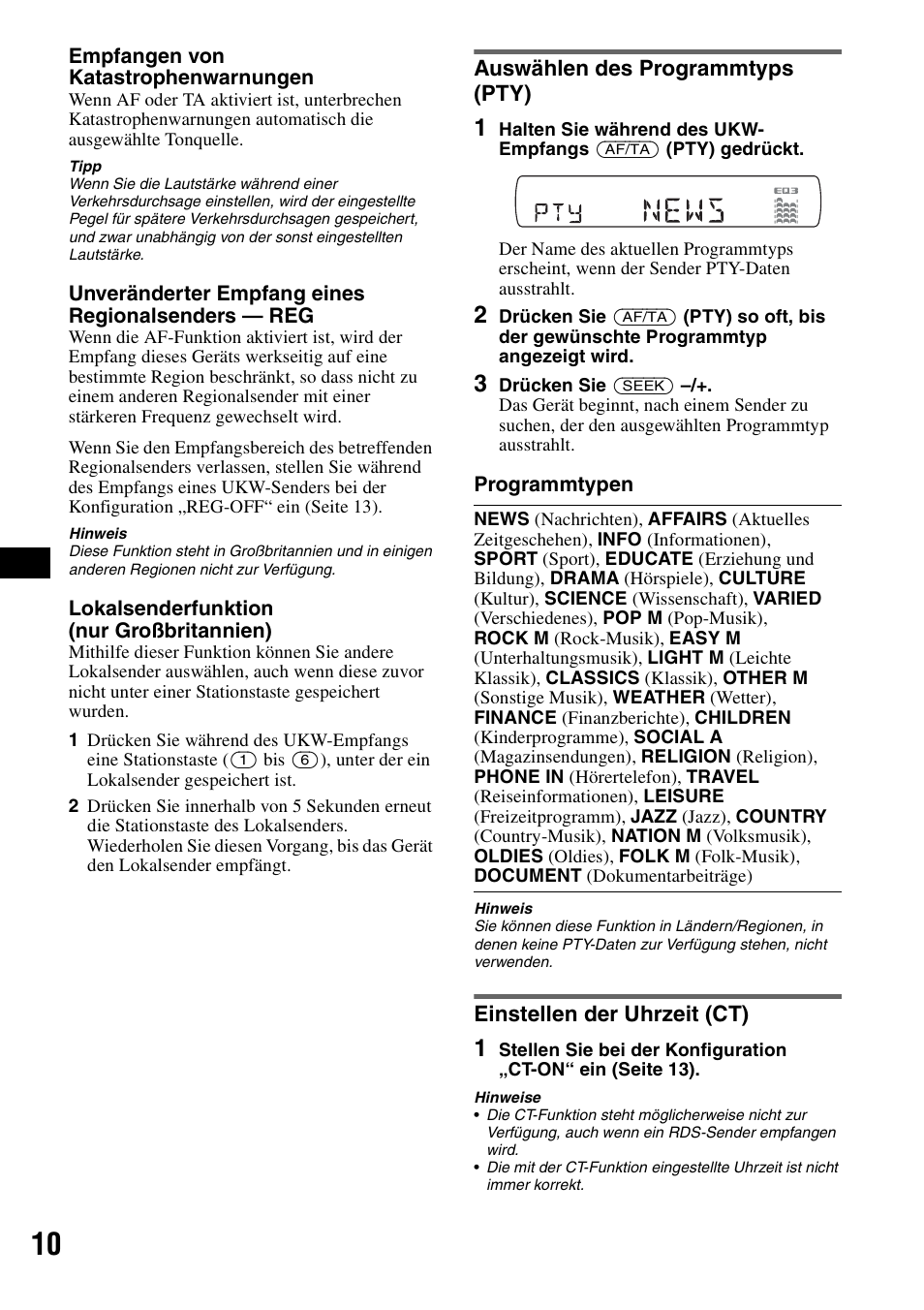 Auswählen des programmtyps (pty), Einstellen der uhrzeit (ct) | Sony CDX-GT44IP User Manual | Page 28 / 100