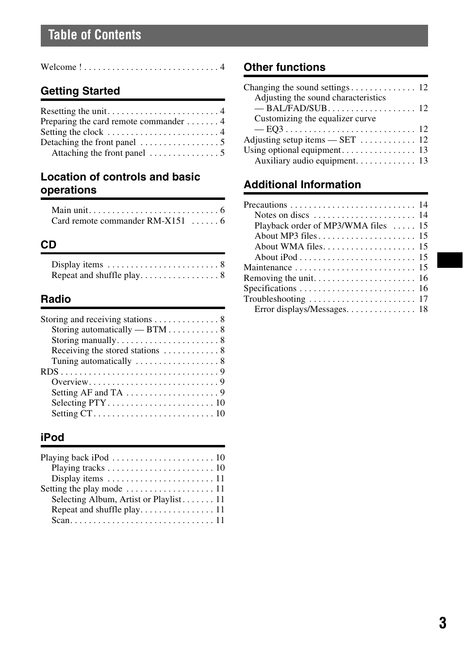 Sony CDX-GT44IP User Manual | Page 3 / 100