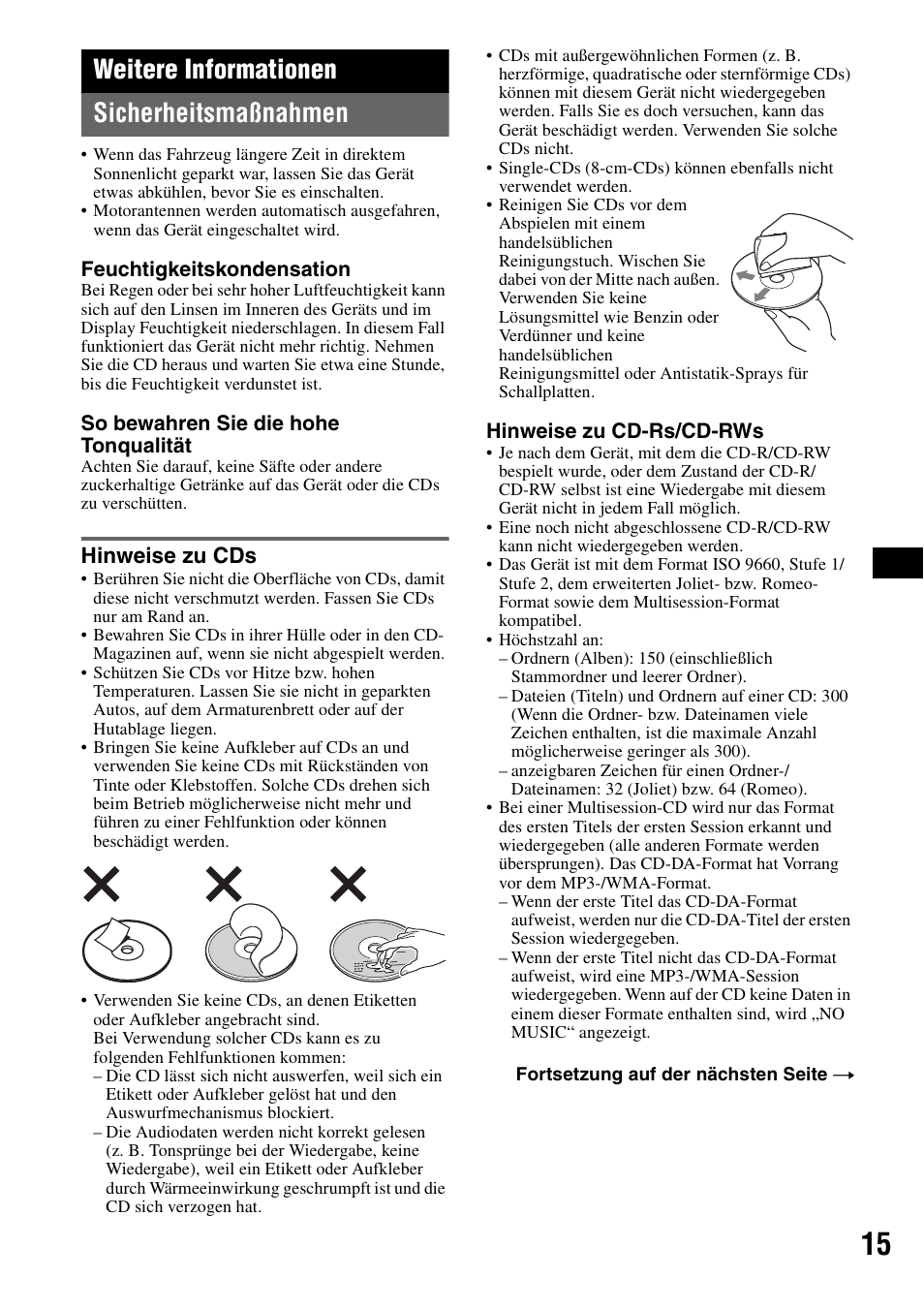 Weitere informationen, Sicherheitsmaßnahmen, Hinweise zu cds | Weitere informationen sicherheitsmaßnahmen | Sony CDX-GT44IP User Manual | Page 33 / 100